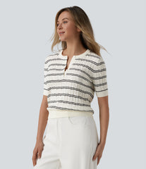Henley Short Sleeve Stripes Work Sweater