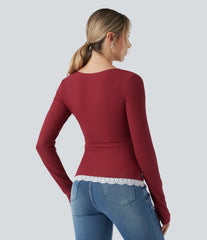 Ribbed Knit Long Sleeve Thumb Hole Contrast Lace Casual Top