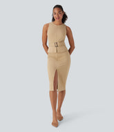 Sleeveless Keyhole-Back Belted Midi Work Dress