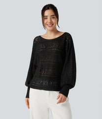 Round Neck Batwing Long Sleeve Hollow Out Casual Sweater