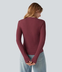Ribbed Knit Henley Neck Long Sleeve Casual Top