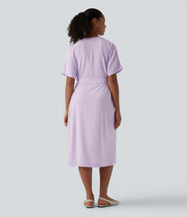 Breezeful™ V Neck Half Sleeve Belted Quick Dry Midi Work Dress with Pockets