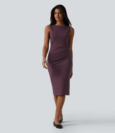 Boat Neck Sleeveless Pencil Midi Work Dress