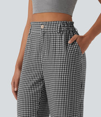 High Waisted Cropped Plaid Casual Linen-Feel Pants with Pockets