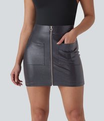 SoftlyZero™ Faux Leather High Waisted Zipper Pocket Bodycon Sparkle Foil Print Stretchy Mini Casual Skirt