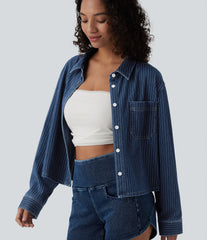 Halara Flex™ Long Sleeve Stripe Denim Casual Shirt with Pocket