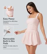 Square Neck Sleeveless Built-in Bra 2-in-1 Mini Dance Active Bubble Dress with Pockets-Easy Peezy Edition