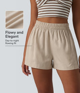 High Waisted Lyocell Linen-Blend Casual Baggy Shorts with Pockets