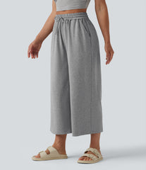 High Waisted Drawstring Wide Leg Cropped Casual Pants with Pockets