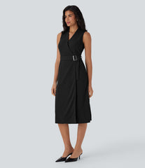 V Neck Sleeveless Wrapped Belted Midi Travel Dress with Pockets