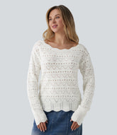Boat Neck Long Sleeve Open Knit Casual Sweater
