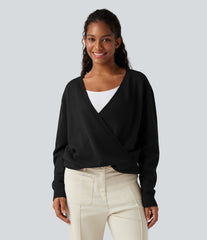 Crossover V Neck Long Sleeve Casual Sweater-Front and Back Wearable
