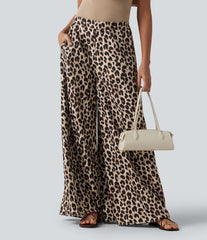 High Waisted Wide Leg Leopard Print Casual Pants with Pockets