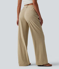 High Waisted Straight Leg Casual Stretch Linen Pants with Pockets