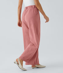High Waisted Pocket Wide Leg Flowy Solid Palazzo Casual Linen-Feel Pants