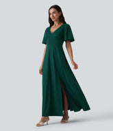 Deep V-neck Flounce Sleeve Split Built-in Bra Maxi Flowy Bridesmaid and Wedding Guest Dress with Pockets