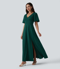 Deep V-neck Flounce Sleeve Split Built-in Bra Maxi Flowy Bridesmaid and Wedding Guest Dress with Pockets