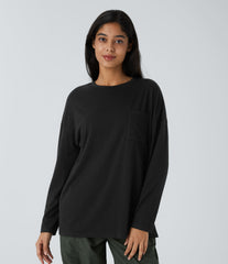 Round Neck Long Sleeve Pocket Hem Relax Casual Top