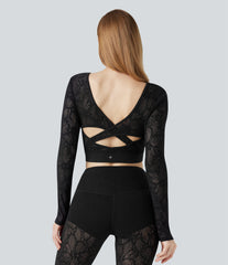 SoftlyZero™ Contrast Lace Crossover Hem Long Sleeve Cropped Yoga Sports Top-UPF50+