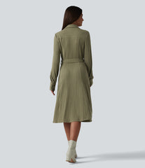 Ribbed Knit Long Sleeve Belted Midi Work Dress