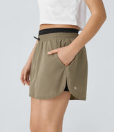 Mid Rise Color Block Reflective Pockets Curved Hem 2-in-1 Hiking Shorts