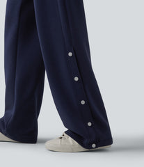 SpacerTek™ High Waisted Snap Button Casual Straight Leg Sweatpants with Pockets