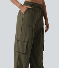Mid Rise Drawstring Barrel Leg Casual Cargo Joggers with Pockets