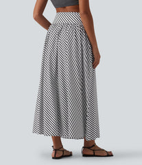 High Waisted Stripe Maxi Casual Flowy Skirt with Pockets