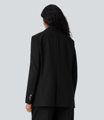 Notched Collar Long Sleeve Work Linen-Blend Blazer with Pockets