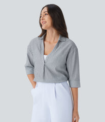 Half Sleeve Curved Hem Stripe Work Blouse