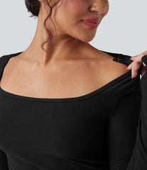 Halara HeatCore U-Neck Long Sleeve Thumb Holes Ruched Slim Casual Warming Top