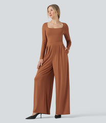 U-Neck Long Sleeve Wide Leg Casual Jumpsuit with Pockets