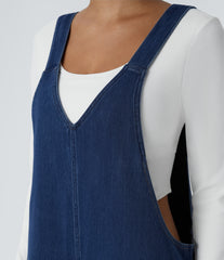 Halara Flex™ V Neck Pocket Washed Denim Casual Overalls