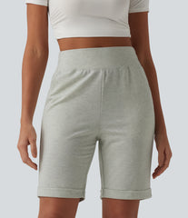 High Waisted Rolled Hem Casual Bermuda Sweat Shorts with Pockets
