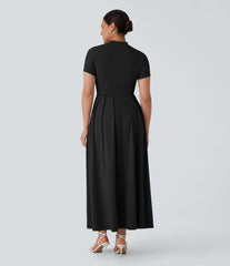 Stand Collar Short Sleeve Pocket Flare Maxi Casual Dress