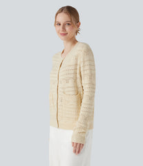 Round Neck Long Sleeve Button Fly Hollow Out Work Cardigan with Pockets