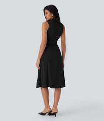 V Neck Sleeveless Wrapped Belted Midi Travel Dress with Pockets