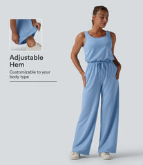 U Neck Scoop Back Drawstring Casual Jumpsuit with Pockets