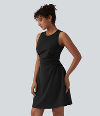 Round Neck Sleeveless Ruched Mini Work Dress with Pockets