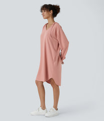 Drawstring Hooded Long Sleeve Pocket High Low Curved Hem Oversize Mini Waffle Casual Sweatshirt Dress