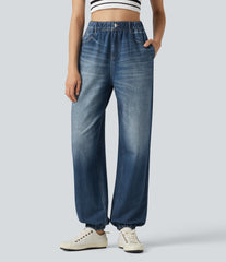 High Waisted Denim Print French Terry Casual Joggers with Pockets