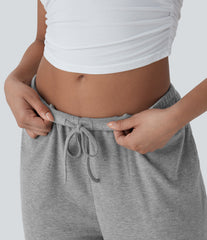 High Stretch Ribbed Low Rise Drawstring Wide Leg Flowy Casual Pants with Pockets