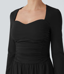 Sweetheart Neck Long Sleeve Ruched Casual Jumpsuit with Pockets-Easy Peezy Edition