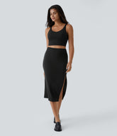 Ribbed High Waisted Bodycon Midi Casual Skirt