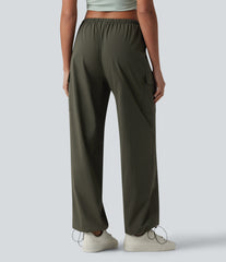 Mid Rise Drawstring Straight Leg Casual Cargo Pants with Pockets