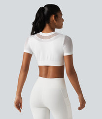 OneForm Seamless Flow Round Neck Short Sleeve Cut Out Cropped Workout Sports Top