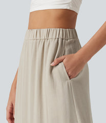 High Waisted Split Hem Maxi Casual Linen-Feel Skirt with Pockets