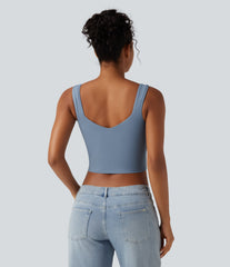 Diamond Collar Built-in Bra Crossover Hem Cropped Casual Tank Top