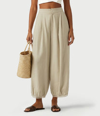 Mid Rise Ladder Trim 7/8 Length Casual Barrel Leg Pants with Pockets