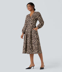 V-neck Long Sleeve Tie Back Leopard Print Midi Casual Dress with Pockets
